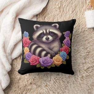 Raccoon Surrounded by Vibrant Colourful Roses  Throw Pillow