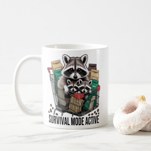 Raccoon Survival Mode Active Mug - Funny Coffee Ad (With Donut)