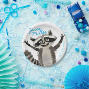 Raccoon themed birthday party for baby turning 1 paper plate