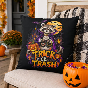 Raccoon Trick or Trash Vampire Halloween  Throw Pillow