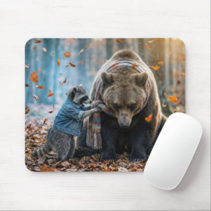 Raccoon Tying a Scarf On a Bear Mouse Pad
