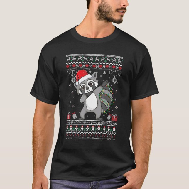 Raccoon Ugly Christmas Pajama Xmas Light Santa Hat T-Shirt (Front)