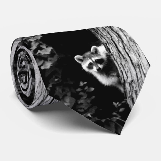 Raccoon Up in a Tree Black and White Menswear Tie (Rolled)
