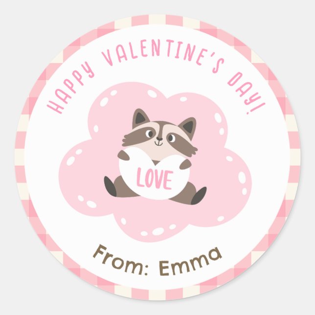 Raccoon Valentine Stickers Cute Personalized Kids (Front)
