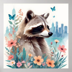 Raccoon Vintage Animal Nature Forest Flowers Art Poster