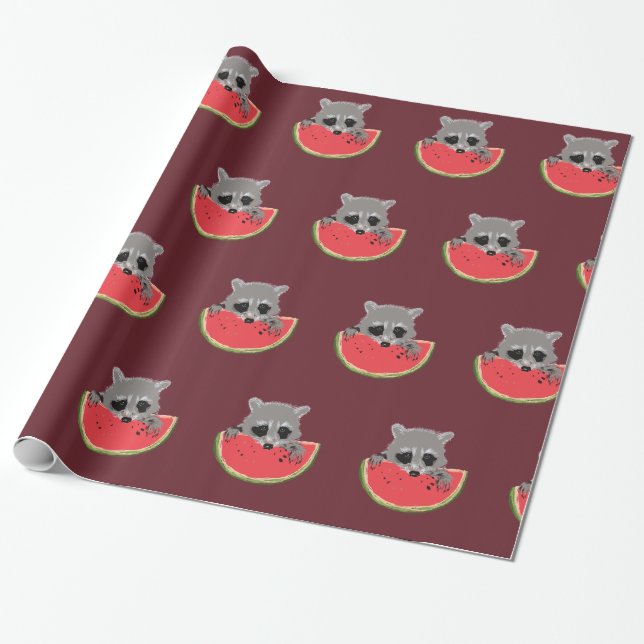 Raccoon Watermelon Wrapping Paper (Unrolled)