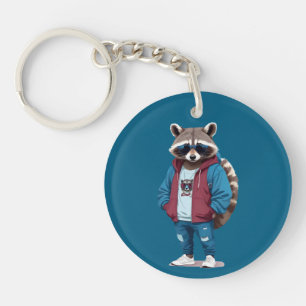 Raccoon Wearing Hoodie Funny Cool Animal Character Keychain