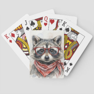 Raccoon Wearing Red Glasses and Bandana Playing Cards