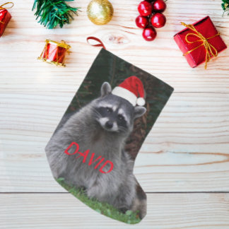 Raccoon Wearing Red Santa Hat with Name Small Christmas Stocking