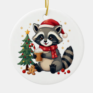 Raccoon Wearing Santa Hat For Christmas Holiday  Ceramic Ornament