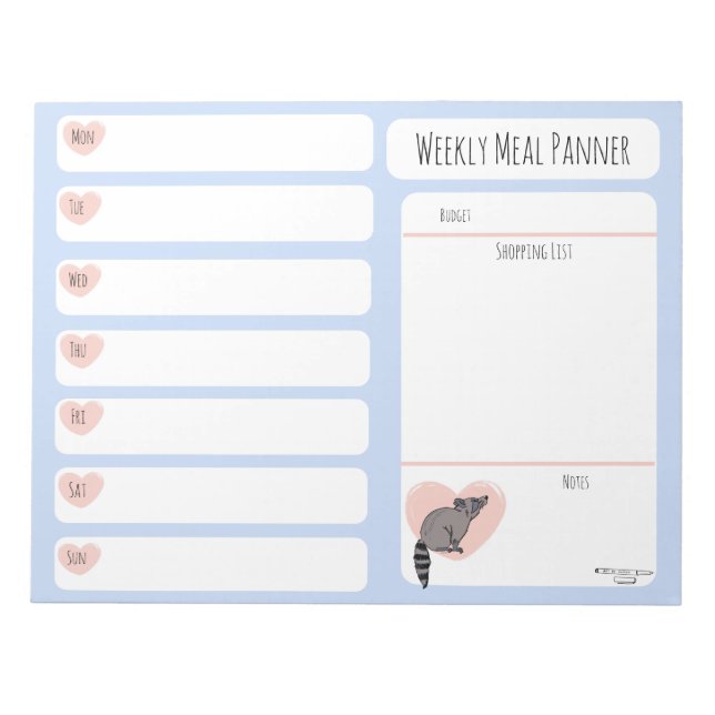 Raccoon Weekly Meal planner notepad  (Front)