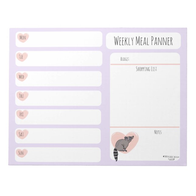 Raccoon Weekly Meal planner notepad  (Front)