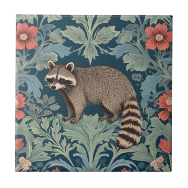 Raccoon William Morris style Left Facing Floral Tile (Front)