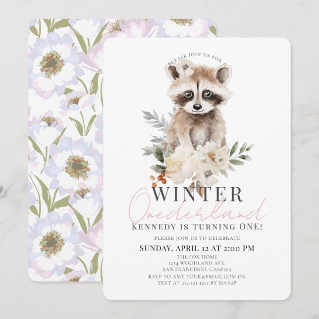 Raccoon Winter Onederland Girl 1st Birthday Invitation (Front/Back)