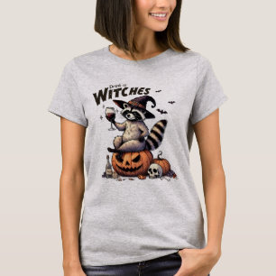 Raccoon Witch Hat Drinking Up Halloween Skull T-Shirt