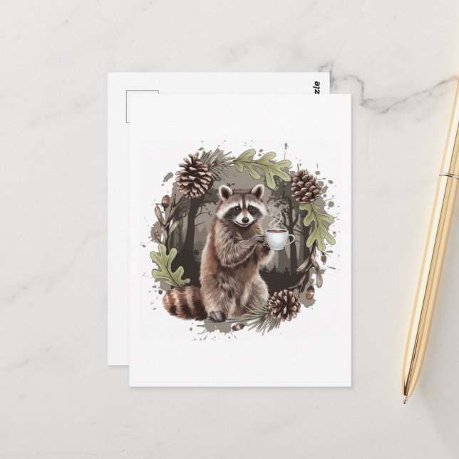 Raccoon with a Coffee Postcard (Front/Back In Situ)