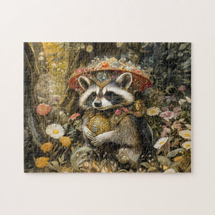 Raccoon with a Fly Agaric Mushroom in Fantasy Fore Jigsaw Puzzle