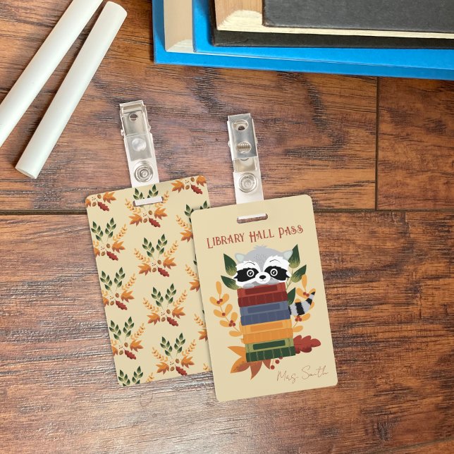 Raccoon With Books Library Hall Pass Badge (Raccoon with books vertical library hall pass badge .)