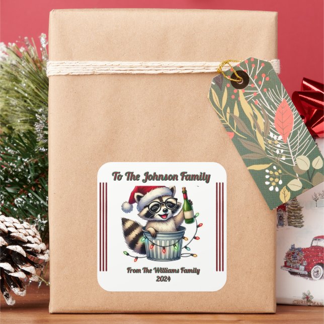 Raccoon With Christmas Lights on Gift Square Sticker (Holiday)