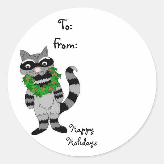 Raccoon with Christmas Wreath Classic Round Sticker (Front)