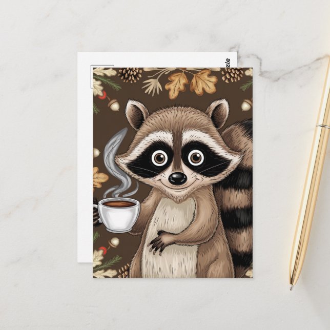 Raccoon With Coffee Postcard (Front/Back In Situ)