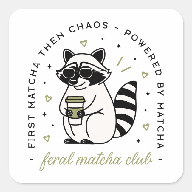 Raccoon with matcha club funny kawaii aesthetic square sticker (Front)