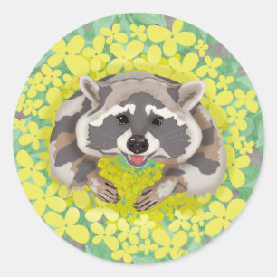 Raccoon with yellow flowers. classic round sticker