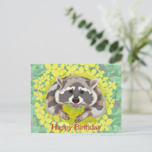Raccoon with yellow flowers. Happy Birthday Holiday Postcard