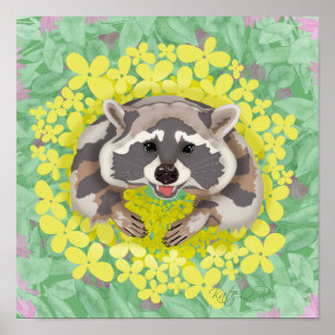 Raccoon with yellow flowers  poster