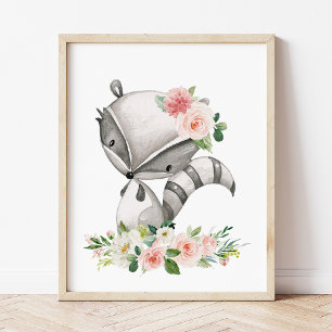 Raccoon, Woodland Animals, Boho, Pink Flowers Photo Print