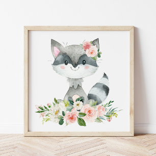 Raccoon, Woodland Animals, Boho, Pink Flowers Poster
