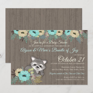 Raccoon Woodland Floral Baby Shower Invitation