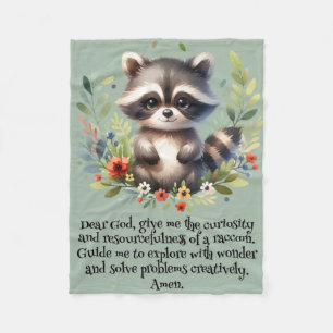 Raccoon Woodland Kids Christian Prayer on Blue Fleece Blanket