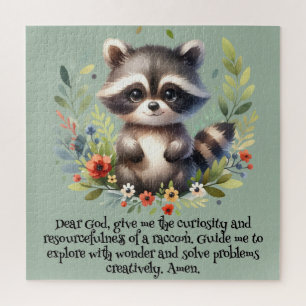 Raccoon Woodland Kids Christian Prayer on Blue   Jigsaw Puzzle
