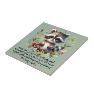 Raccoon Woodland Kids Christian Prayer on Blue   Tile