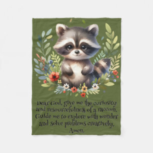 Raccoon Woodland Kids Christian Prayer on Green   Fleece Blanket