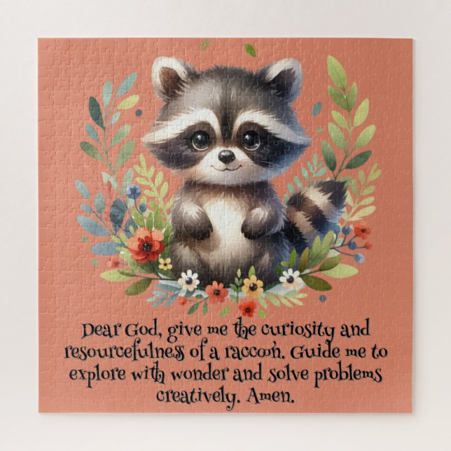 Raccoon Woodland Kids Christian Prayer on Pink | Jigsaw Puzzle (Vertical)