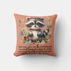 Raccoon Woodland Kids Christian Prayer on Pink Throw Pillow