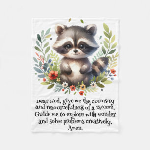 Raccoon Woodland Kids Christian Prayer on White   Fleece Blanket