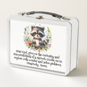 Raccoon Woodland Kids Christian Prayer on White Metal Lunch Box