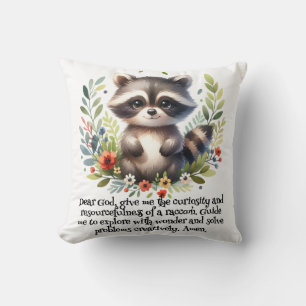 Raccoon Woodland Kids Christian Prayer on White Throw Pillow