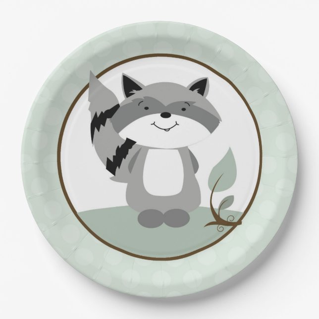 Raccoon Woodland Nature Paper Plate | Green (Front)