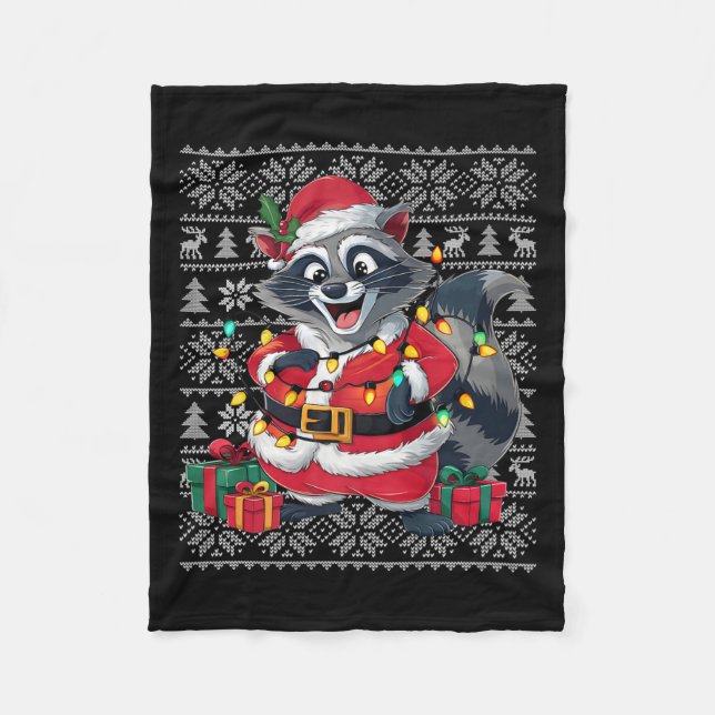 Raccoon Xmas Sweater Style Ugly Santa Raccoon Chri Fleece Blanket (Front)