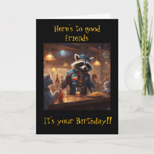 Raccoons and Cats share drinks in the bar birthday Card