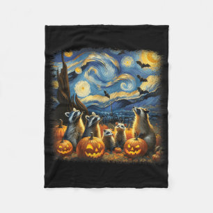 Raccoons And Possum Halloween Fall Van Gogh Starry Fleece Blanket