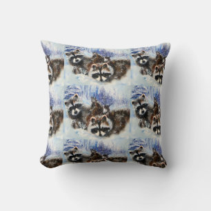 Raccoons and Snow from Original Art Throw Pillow