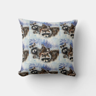 Raccoons and Snow from Original Art Throw Pillow