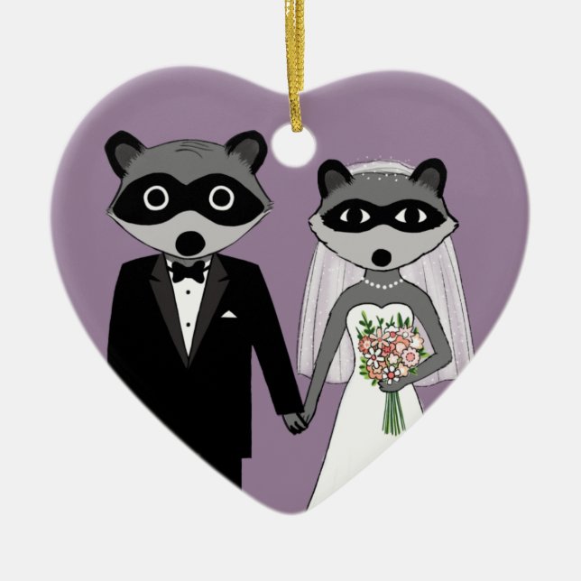 Raccoons Bride and Groom Cute Wedding Keepsake Ceramic Ornament (Front)