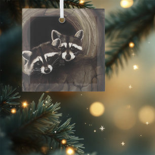 Raccoons Brown Cute Tree Glass Ornament