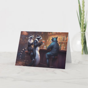 Raccoons having drinks in a bar talking trash card